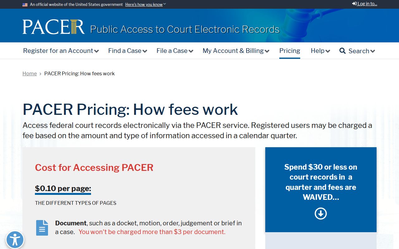 PACER fee information for Dickinson County federal criminal case records