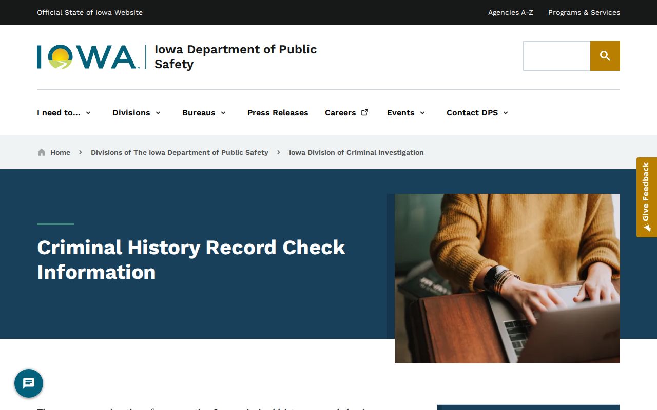 Official Iowa DCI Dickinson County criminal history request information